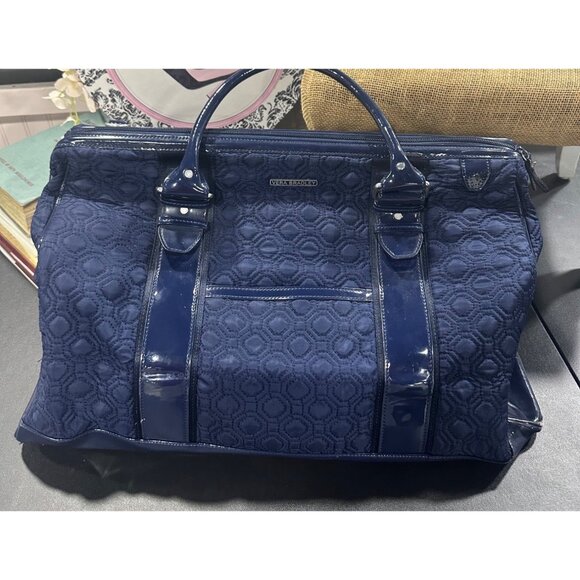 Vera Bradley Navy Quilted Travel Tote With Striped Lining & Leather Handles - Picture 3 of 10